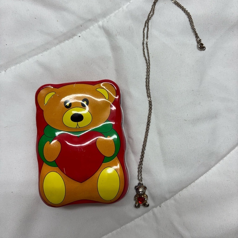silver toned teddy bear pendant necklace featuring a red heart rhinestone & box